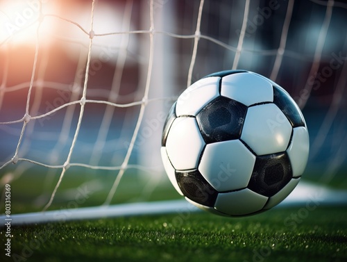 Close-up of modern soccer ball in front of soccer goal and net