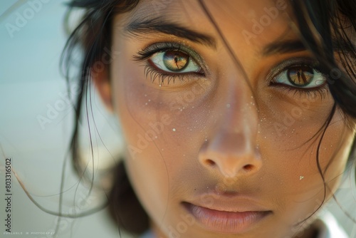 Portrait of a young woman with brown eyes and dark hair