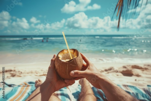 Lounging on a sandy beach towel, soaking up the sun showing hands holding a coconut drink 
 photo