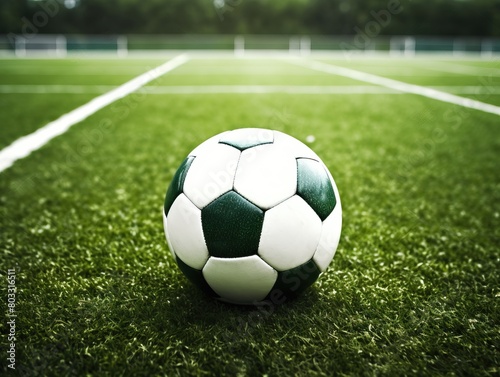 Close-up of soccer ball on green soccer field ground in stadium © Veronika