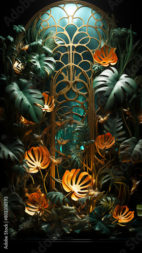 Bright tropical background with orange leaves and stained glass window