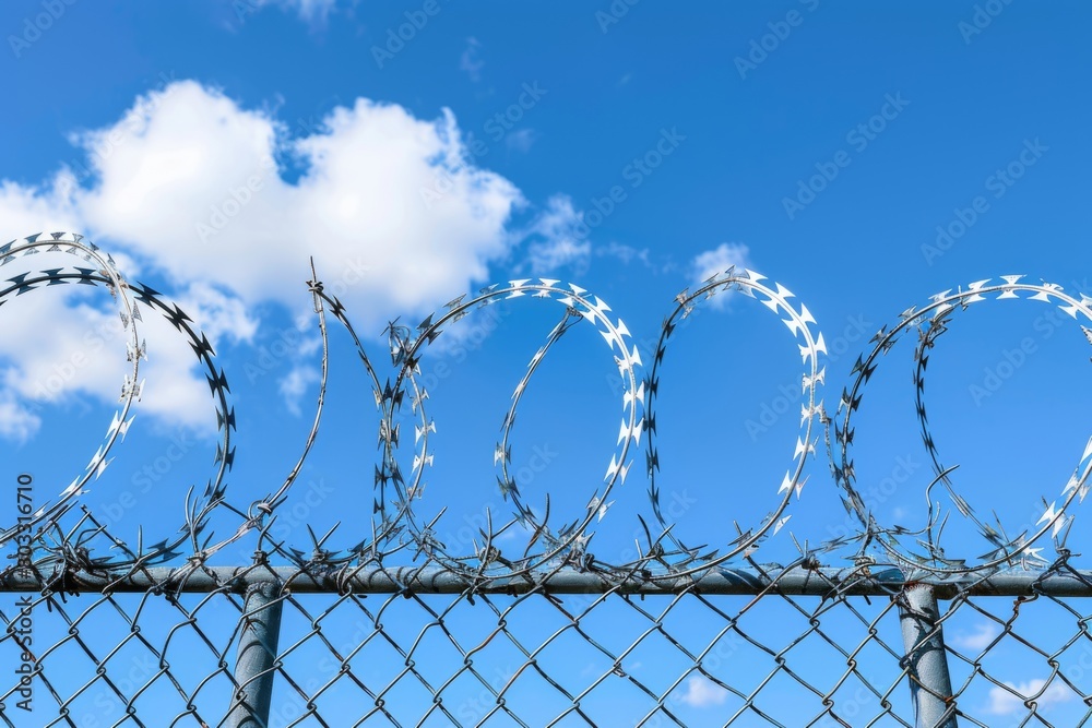 Fence with barbed wire against a background of blue sky, protected object Fence with barbed wire against a background of blue sky, protected object