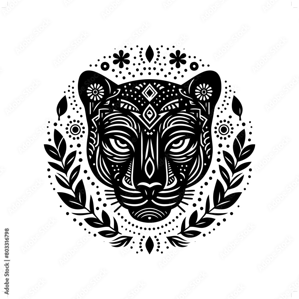 panther, jaguar, leopard silhouette in bohemian, boho, nature illustration