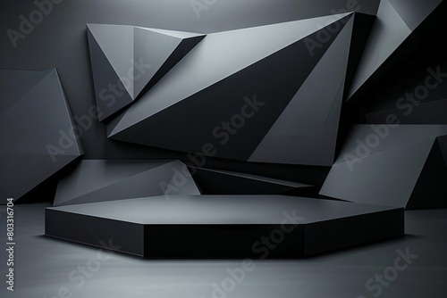 Black Geometric Podium A modern podium with a matte black finish and sharp geometric shapes, providing a dramatic background for highcontrast product presentations. Prime Lenses photo