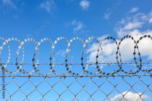 Fence with barbed wire against a background of blue sky  protected object