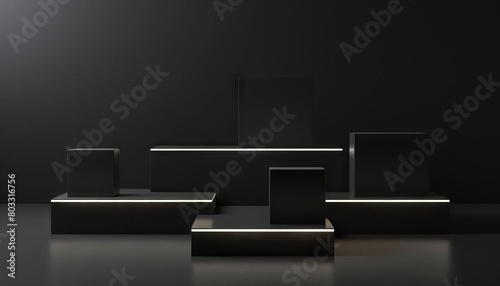 Four display stands, abstract black boxes with light grey design, in the style of stair scenes, layered composition, headup view Angle, black background, rendered in cinema4d, minimalist abstraction, photo