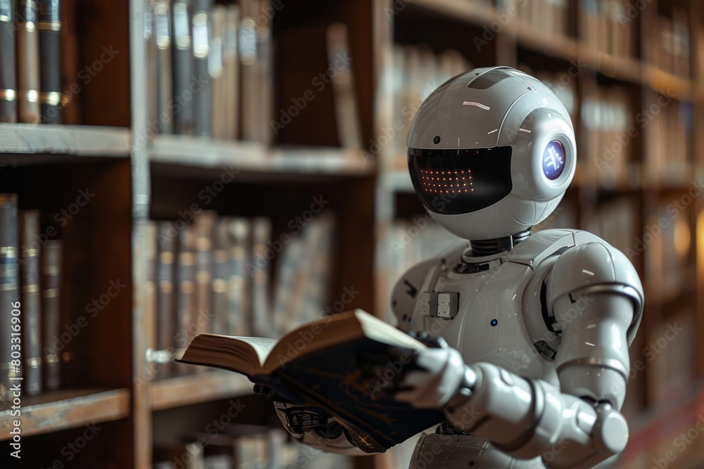 Fototapeta premium Cyborg humanoid reading a book, training artificial intelligence