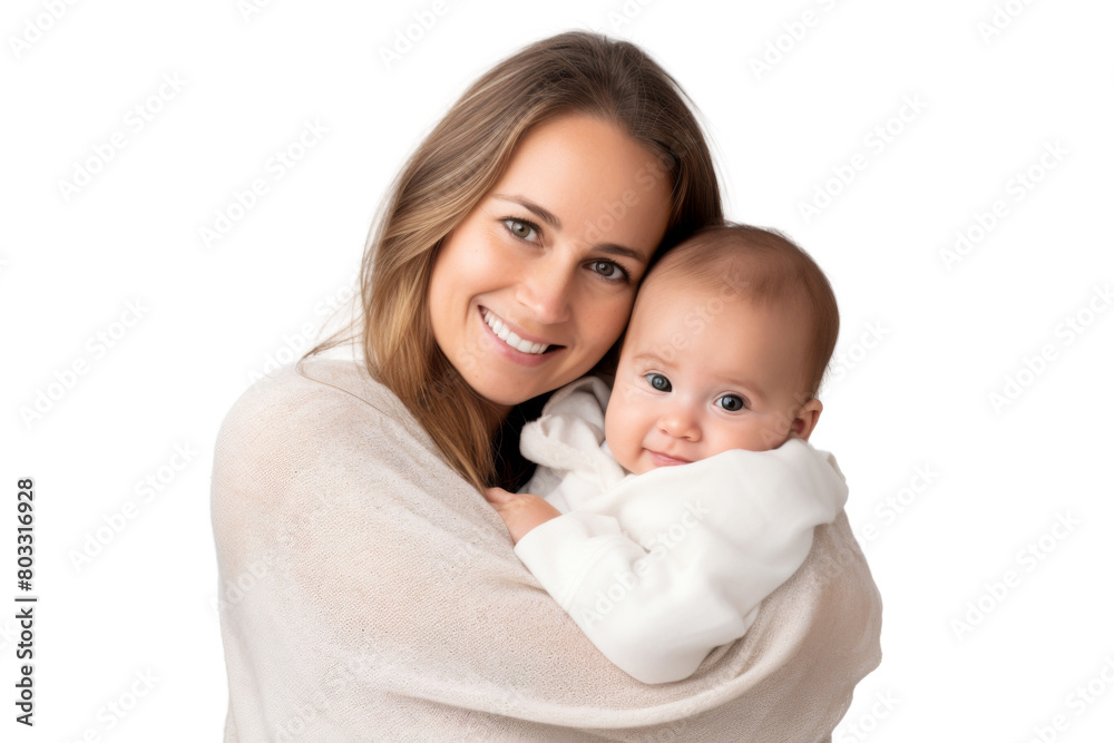 Portrait of mom holding baby with her arms isolated on transparent png background, love moment, newborn sleeping tenderly in arms, cute little infant. Portrait of mom holding baby with her arms isolated on transparent png background, love moment, newborn sleeping tenderly in arms, cute little infant.