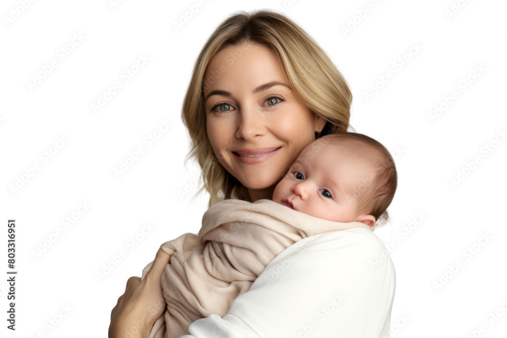 Portrait of mom holding baby with her arms isolated on transparent png background, love moment, newborn sleeping tenderly in arms, cute little infant. Portrait of mom holding baby with her arms isolated on transparent png background, love moment, newborn sleeping tenderly in arms, cute little infant.
