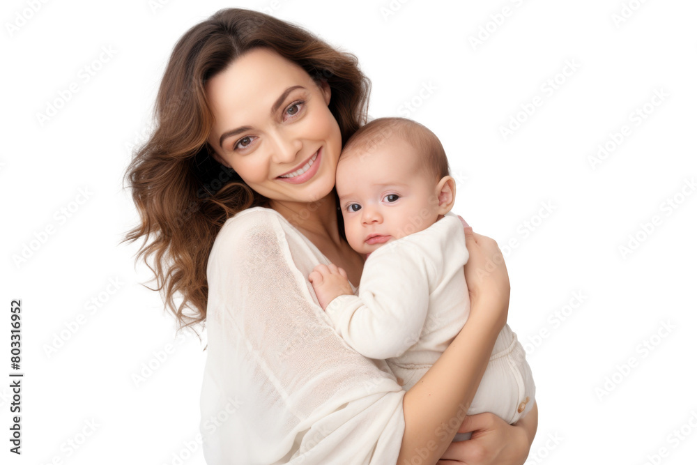 Portrait of mom holding baby with her arms isolated on transparent png background, love moment, newborn sleeping tenderly in arms, cute little infant. Portrait of mom holding baby with her arms isolated on transparent png background, love moment, newborn sleeping tenderly in arms, cute little infant.
