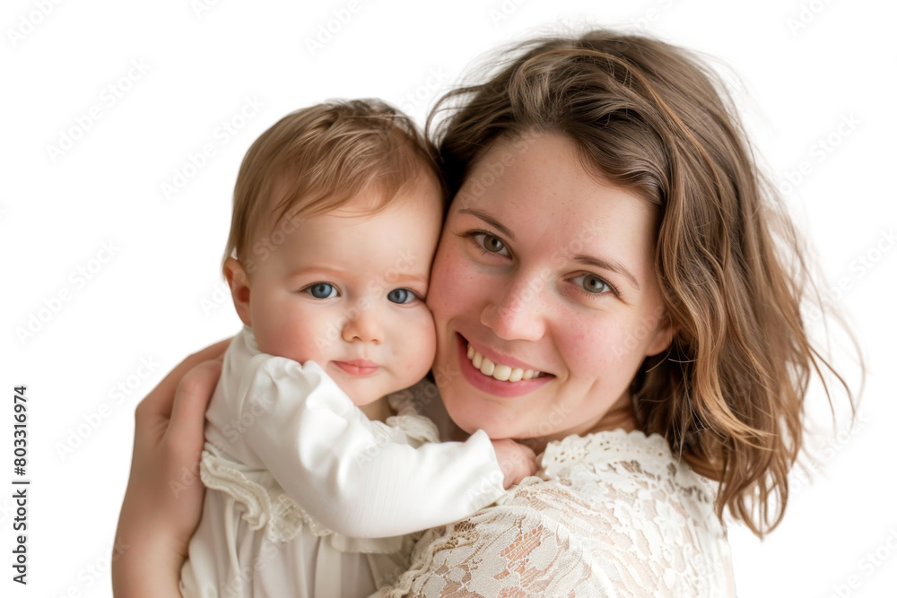 Portrait of mom holding baby with her arms isolated on transparent png background, love moment, newborn sleeping tenderly in arms, cute little infant. Portrait of mom holding baby with her arms isolated on transparent png background, love moment, newborn sleeping tenderly in arms, cute little infant.