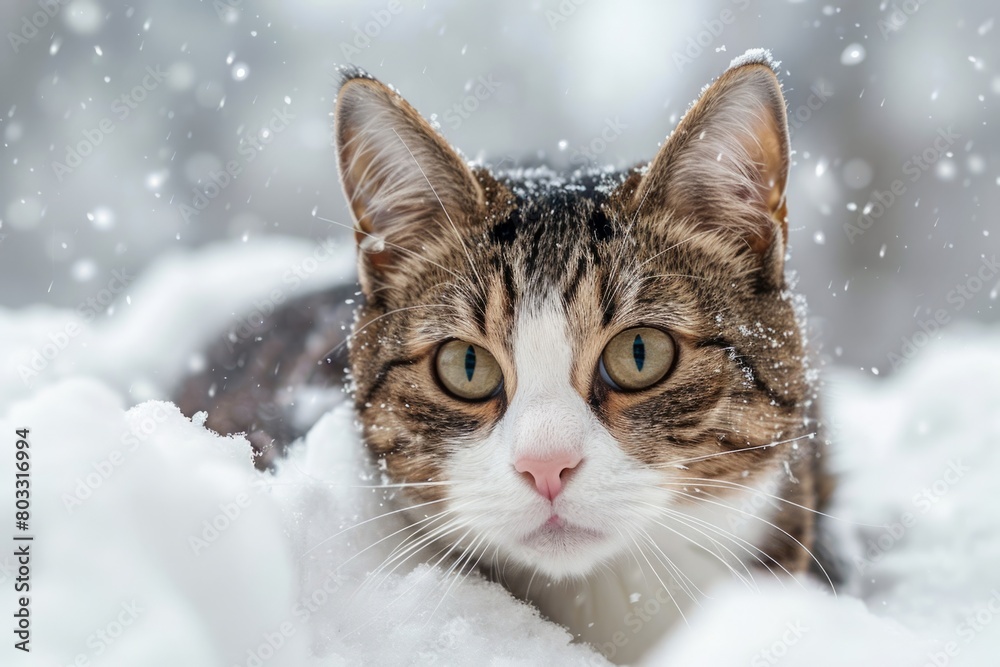 Cat in the snow on a winter day