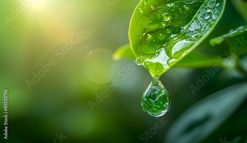 drop of water hanging from the leaf with earth inside, green background, environmental protection, sustainability, ecology and environment day concept