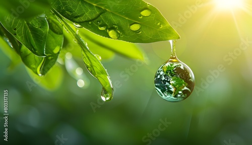 drop of water hanging from the leaf with earth inside, green background, environmental protection, sustainability, ecology and environment day concept photo