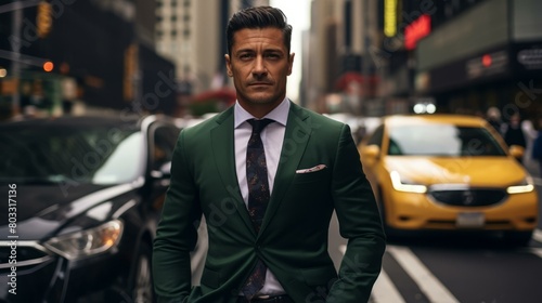 A man in a green suit is walking down a busy street in New York City