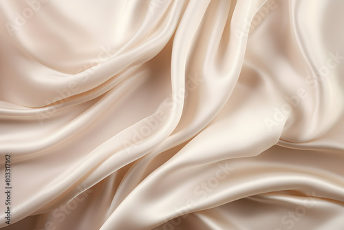 Background of wavy and creased ivory silk satin material, capturing the fluid movement and delicate texture of luxury fabric, Generative Ai,