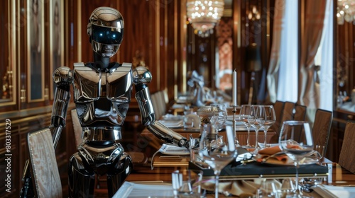 Futuristic robot butler in an elegant dining room setting with shiny silverware