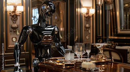 Futuristic robot butler in an elegant dining room setting with shiny silverware photo