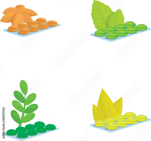 Throat lozenge icons set cartoon vector. Package of lozenge with various flavor. Medication, pharmaceuticals