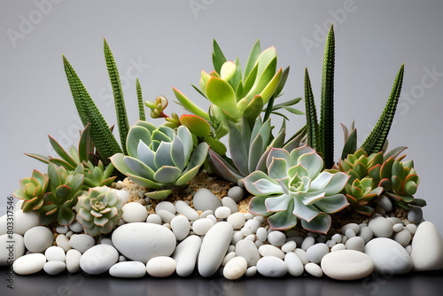 Echeveria plants arranged in a minimalist indoor garden with white stone pebbles  Generative Ai 