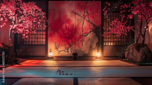 Traditional Japanese dojo with cherry blossoms and serene atmosphere, showcasing the beauty of feudal Japan photo