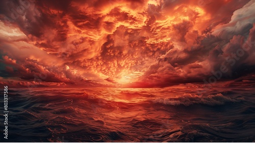 Raging Sea Spectacle, Dramatic red stormy cloudy sky reflecting on the troubled water surface, stormy ocean with rays of light in the center, Fantasy stormy sea © manida
