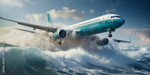 airplane flying over the sea with big waves photo