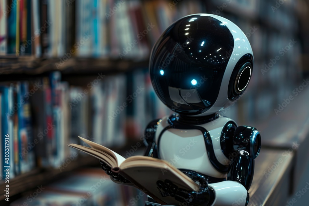 Fototapeta premium humanoid robot reading a book in library
