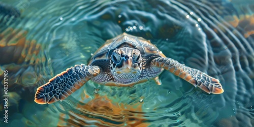 A closeup of a sea turtle swimming in the ocean