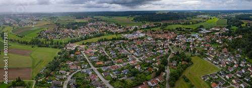 Aerial view around the old town of the city Lichtenau on a cloudy day in Germany.