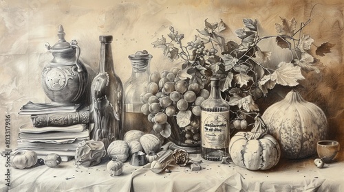 Whimsical Still Life Intricate Interplay of Vintage Objects in Pencil Drawing photo