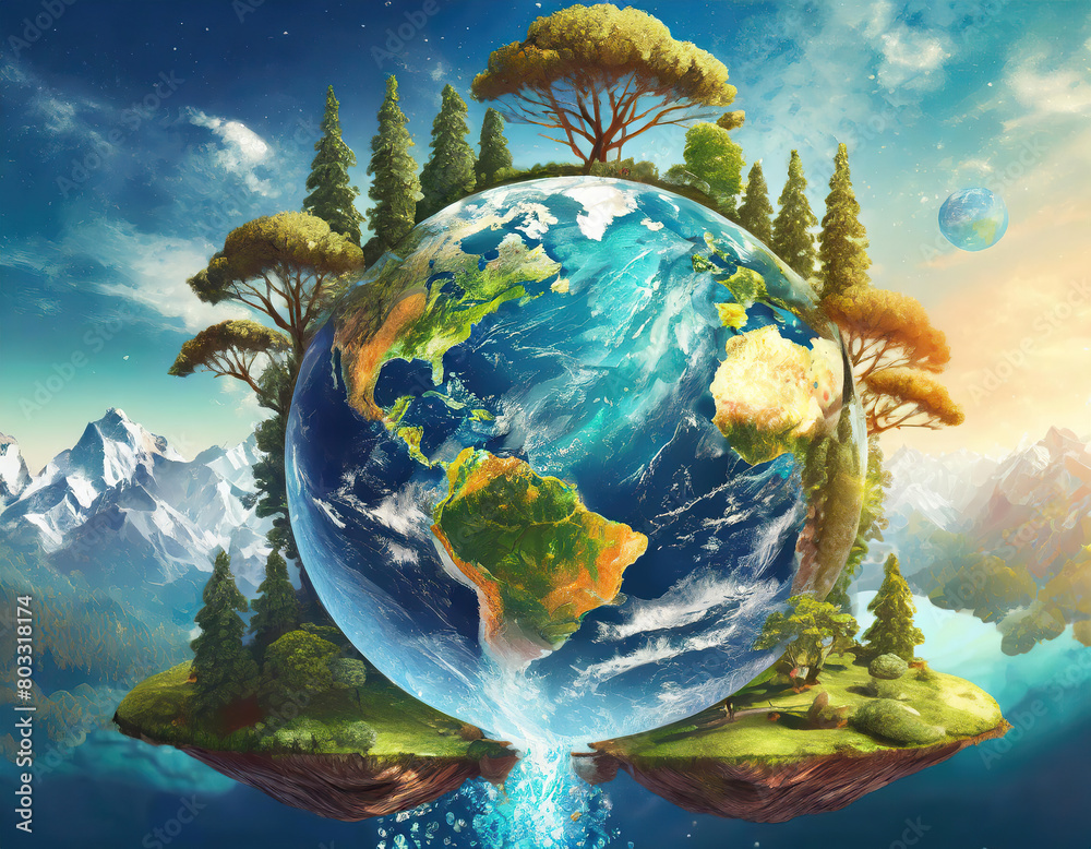 Fototapeta premium Symbiosis Reborn: A Tapestry Woven with Sunlight, Verdant Growth, and Healing Waters