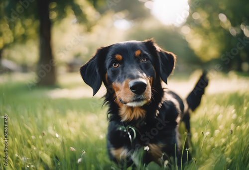 A black and tan dog with a glossy coat sitting in a sunlit grassy field, looking curiously at the camera. International Dog Day.