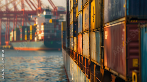 A close-up shot of a cargo ship's side, showing the texture and details of the stacked containers, with the port's bustling activity slightly blurred in the background, Generative AI