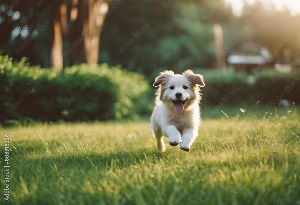 A joyful puppy running towards the camera in a sunny park with trees in the background. International Dog Day. A joyful puppy running towards the camera in a sunny park with trees in the background. International Dog Day.