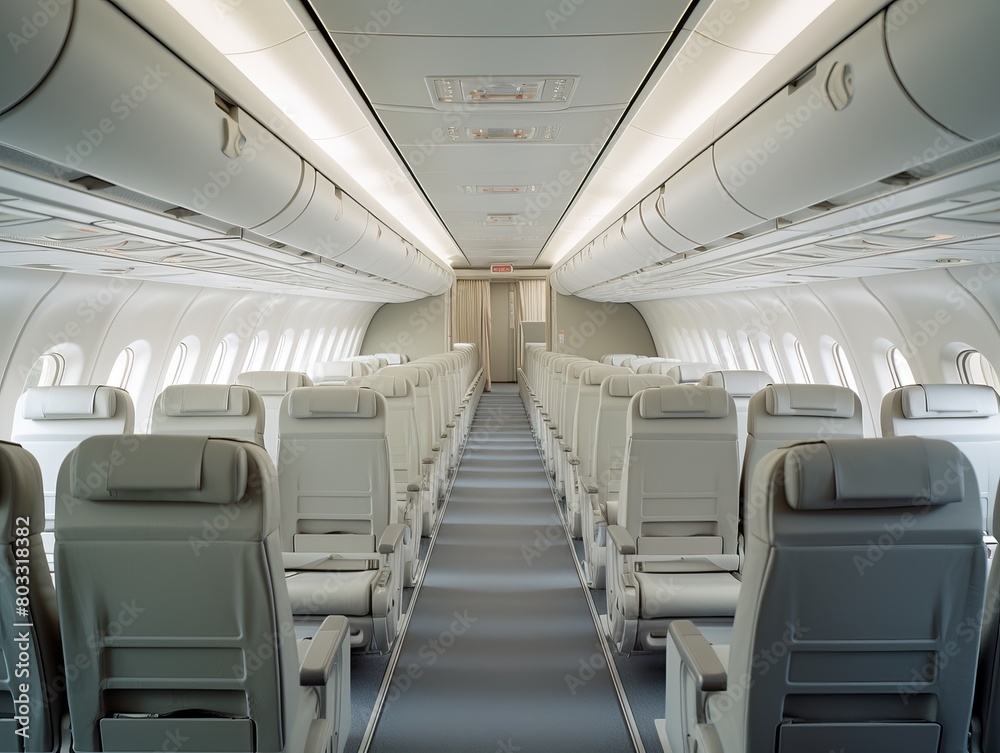 A realistic image of the interior of a neat and orderly airplane cabin A realistic image of the interior of a neat and orderly airplane cabin