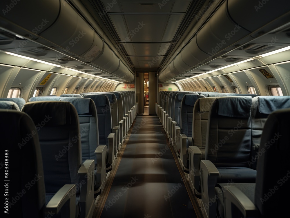 A realistic image of the interior of a neat and orderly airplane cabin A realistic image of the interior of a neat and orderly airplane cabin