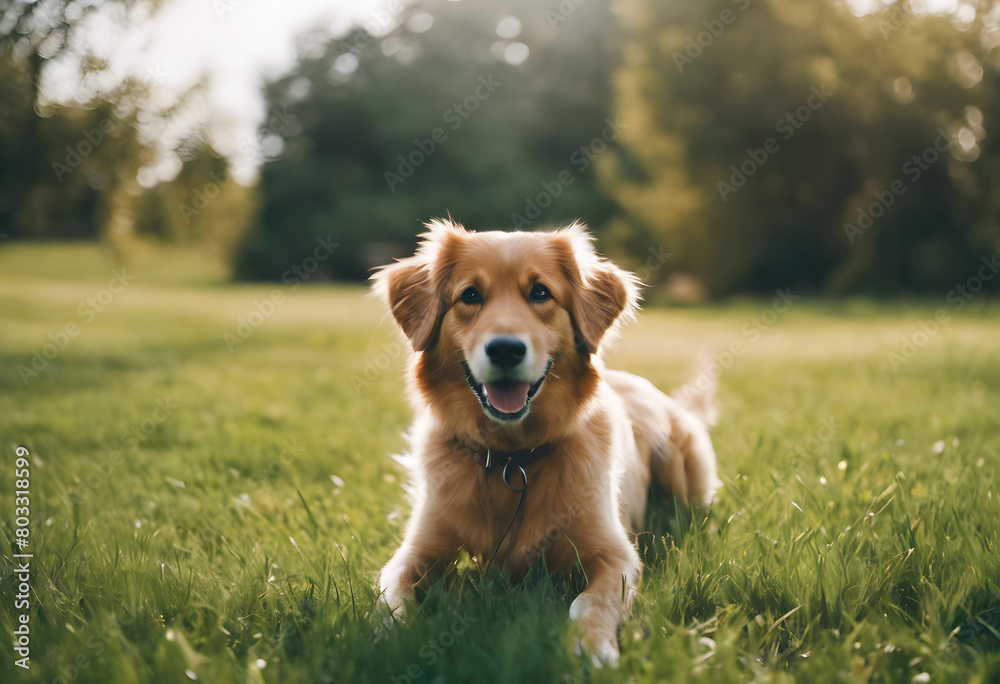 Golden retriever lying on grass in a sunny park, looking happy and relaxed. International Dog Day. Golden retriever lying on grass in a sunny park, looking happy and relaxed. International Dog Day.