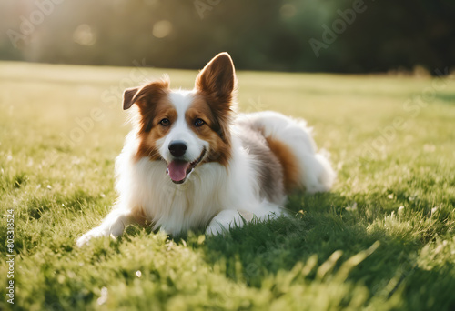 A Border Collie lying on grass in sunlight, looking at the camera. International Dog Day.