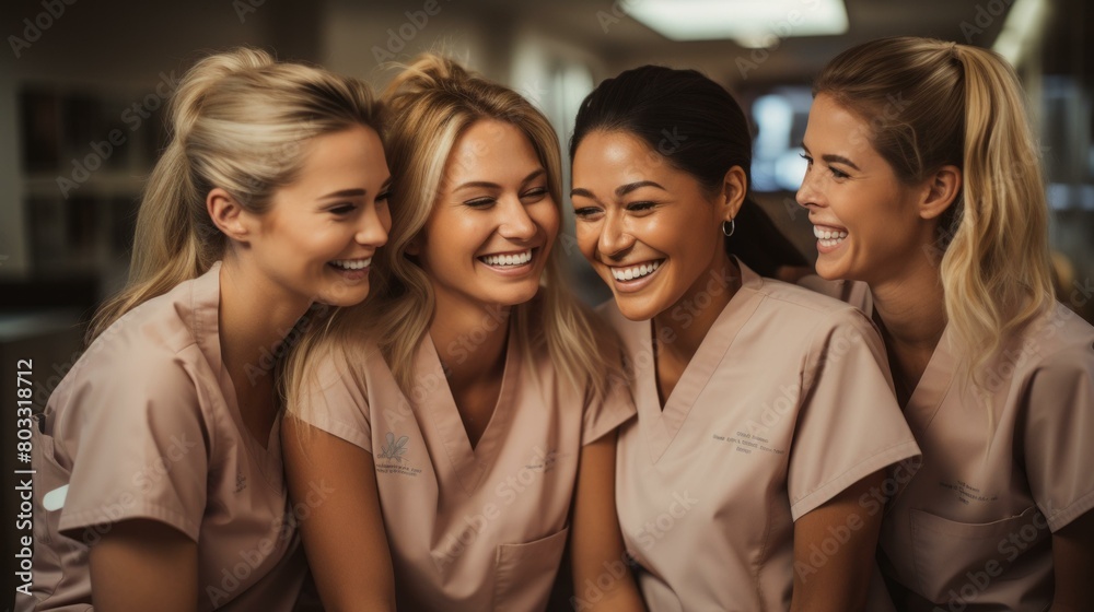 Four beautiful smiling multiethnic female nurses in pink scrubs