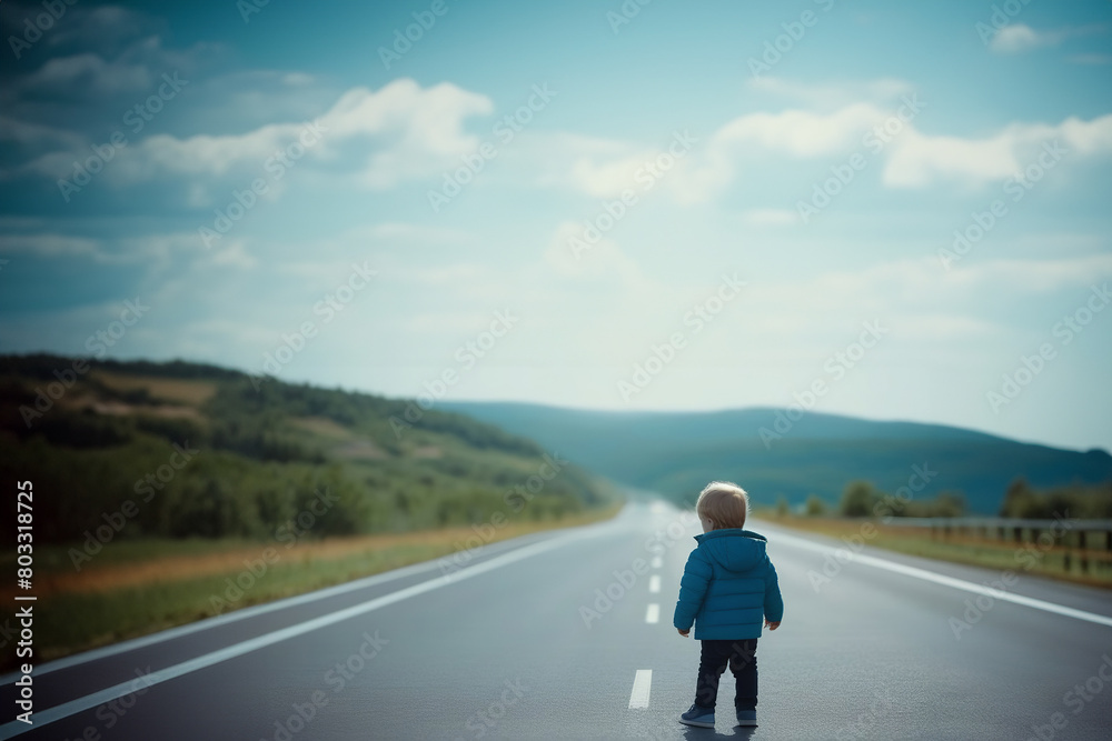 Young boy walking alone on a country road
