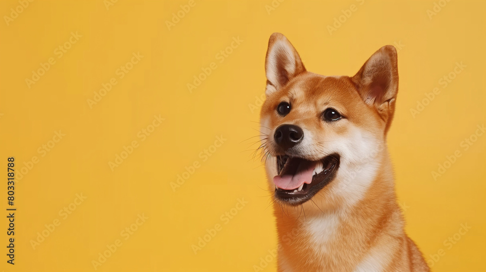 Happy smiling shiba inu dog isolated on yellow orange background with copy space. Red-haired Japanese dog smile portrait 