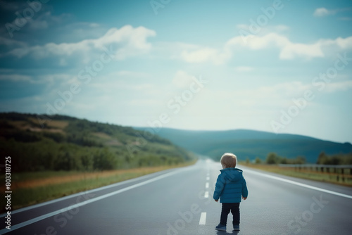 Young boy walking alone on a country road