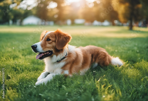 A brown and white dog lying on green grass in a park during sunset  looking relaxed and happy. International Dog Day.