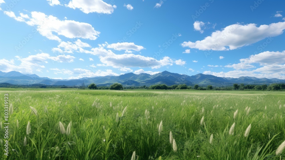 Tranquil Grassland Landscape with Distant Mountain Range