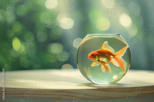 A side view photo of a goldfish in a sleek, round glass jar, placed on a light wooden surface, with a soft-focus green background to suggest a natural environment subtly, Generative AI