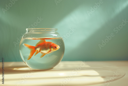 A side view photo of a goldfish in a sleek, round glass jar, placed on a light wooden surface, with a soft-focus green background to suggest a natural environment subtly, Generative AI