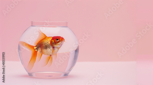 a single goldfish in a clear jar, viewed at eye level. The background is a soft pastel pink, providing a calm and clean aesthetic, Generative AI