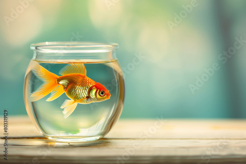 A side view photo of a goldfish in a sleek, round glass jar, placed on a light wooden surface, with a soft-focus green background to suggest a natural environment subtly, Generative AI