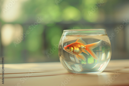 A side view photo of a goldfish in a sleek, round glass jar, placed on a light wooden surface, with a soft-focus green background to suggest a natural environment subtly, Generative AI
